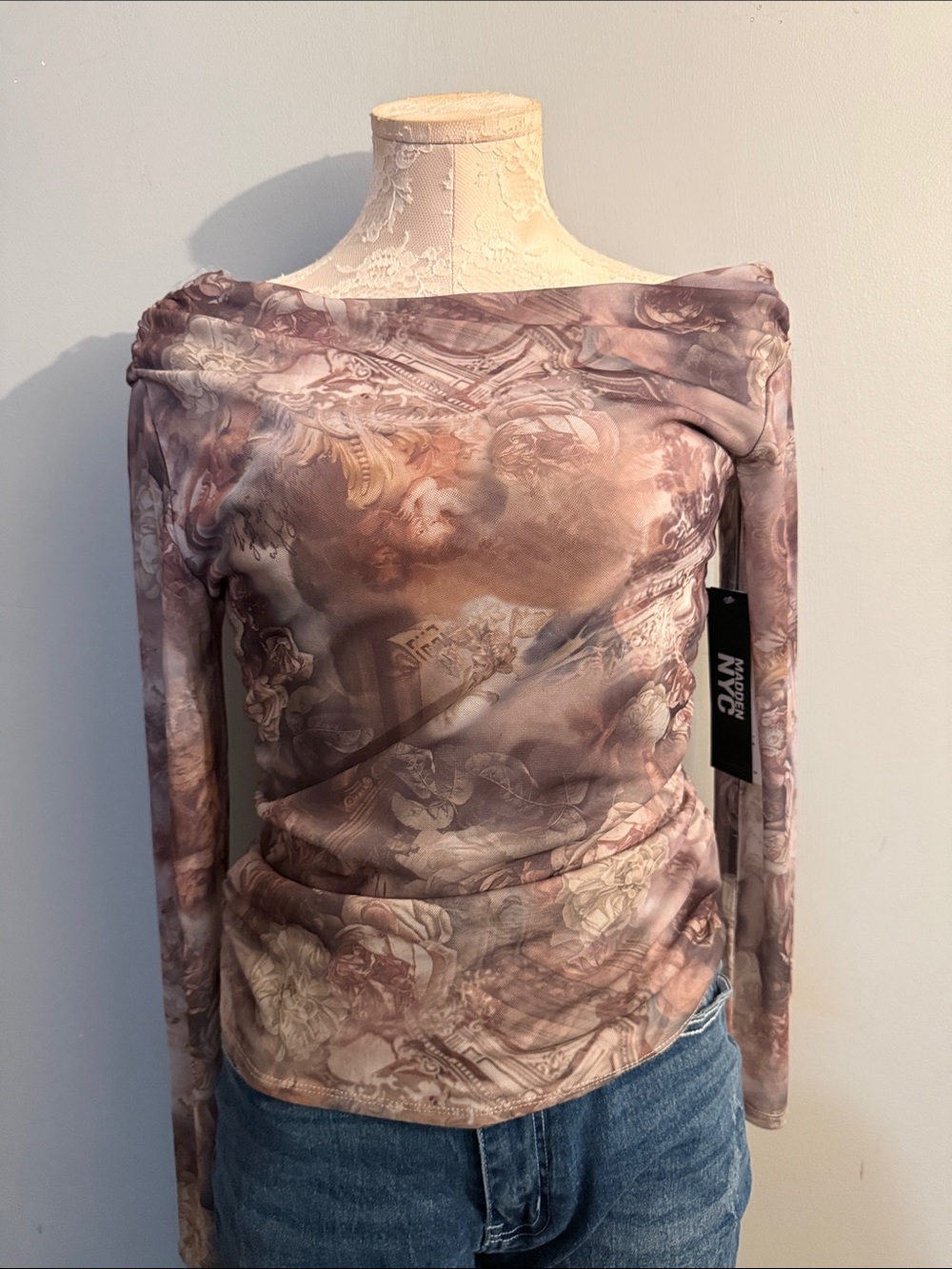 NYC Long Sleeve Off-Shoulder Floral Mesh Top in Mauve and Dusty Rose